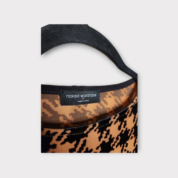 Naked Wardrobe Womens Herringbone Bodycon Dress M Tan Black Pattern Play - Picture 4 of 8